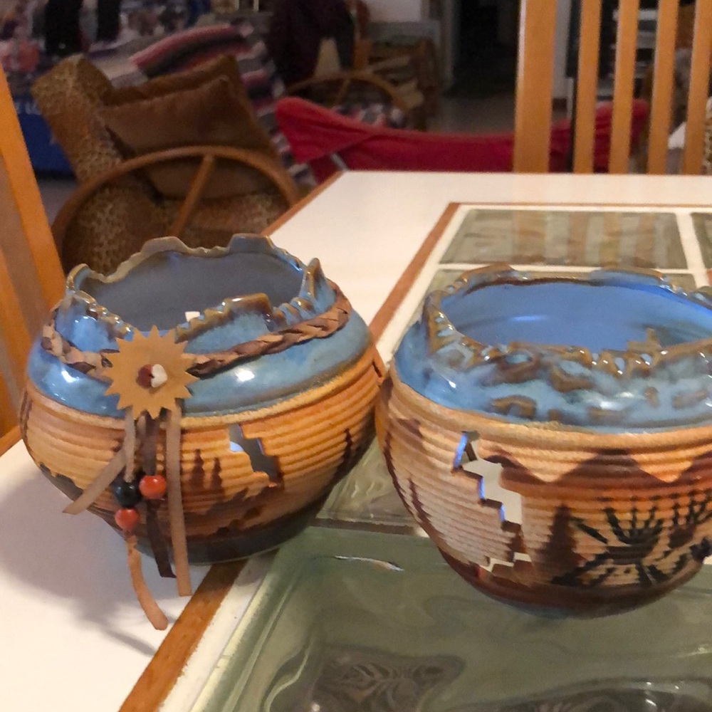Vintage pottery SW theme, votive candleholders. colors are beiges browns blues.